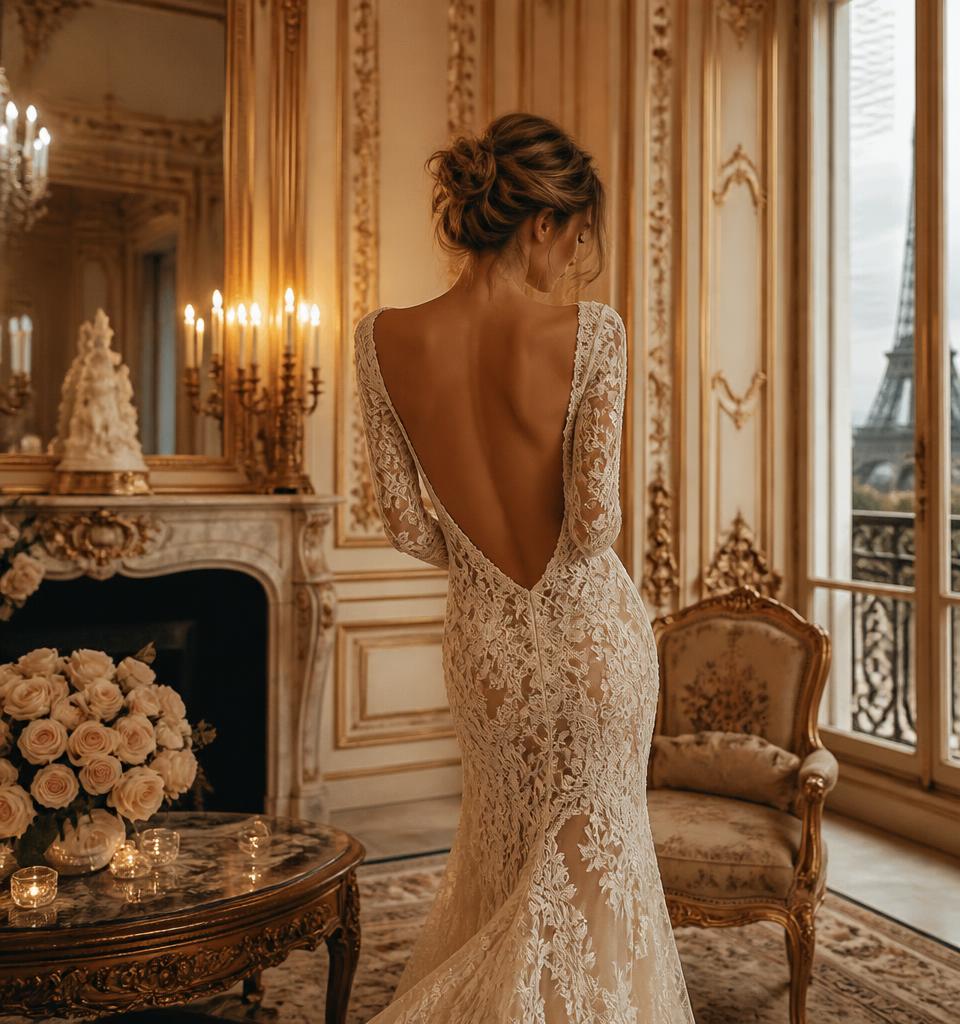 Model wearing an ivory lace gown in a Parisian salon