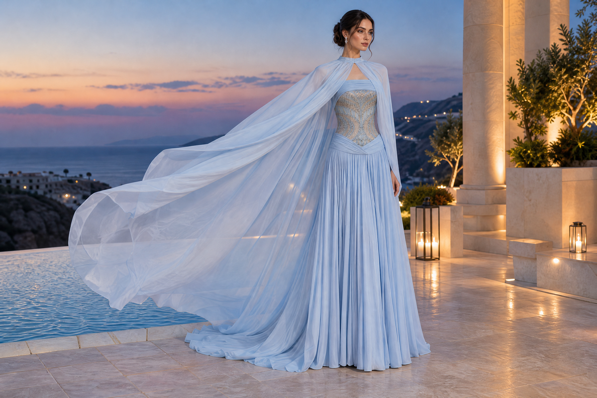 Celestia Cape Gown, cape flowing in motion by an infinity pool