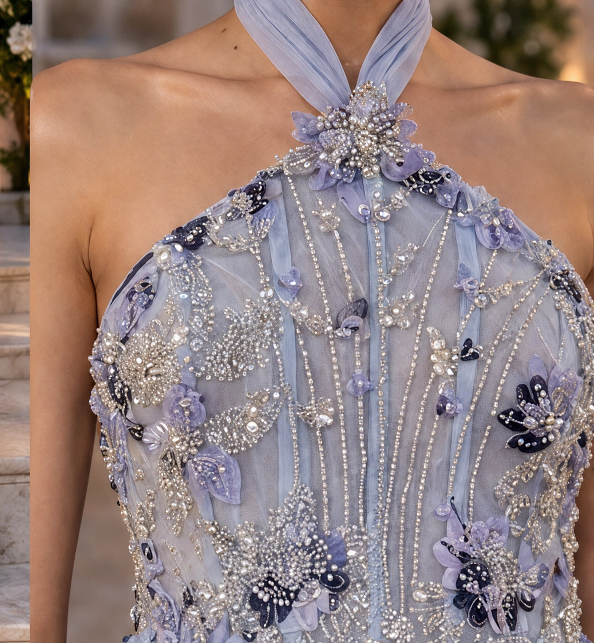 Sélène Sculpted Mini Dress, halter neckline and bodice detail