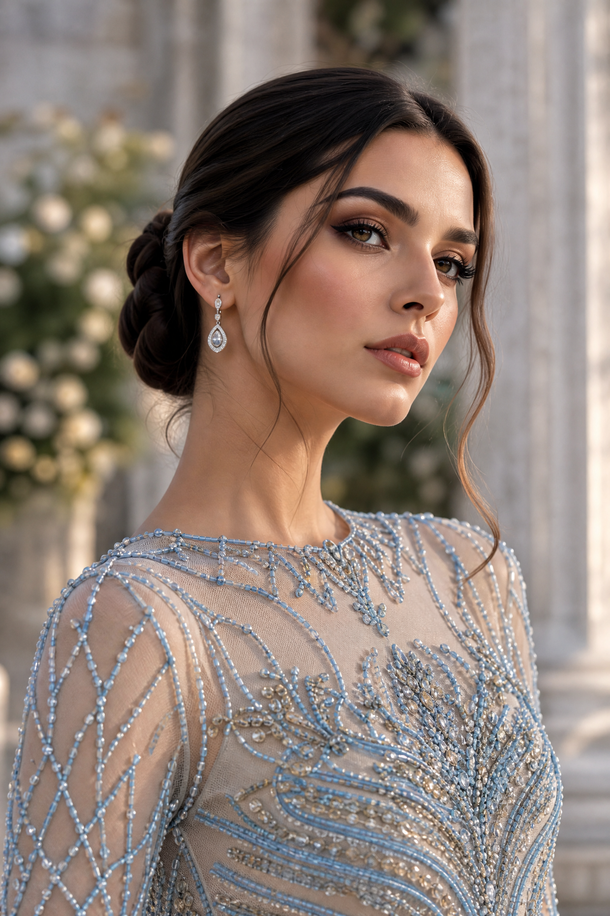 Model in an ivory tulle gown on a Parisian marble staircase