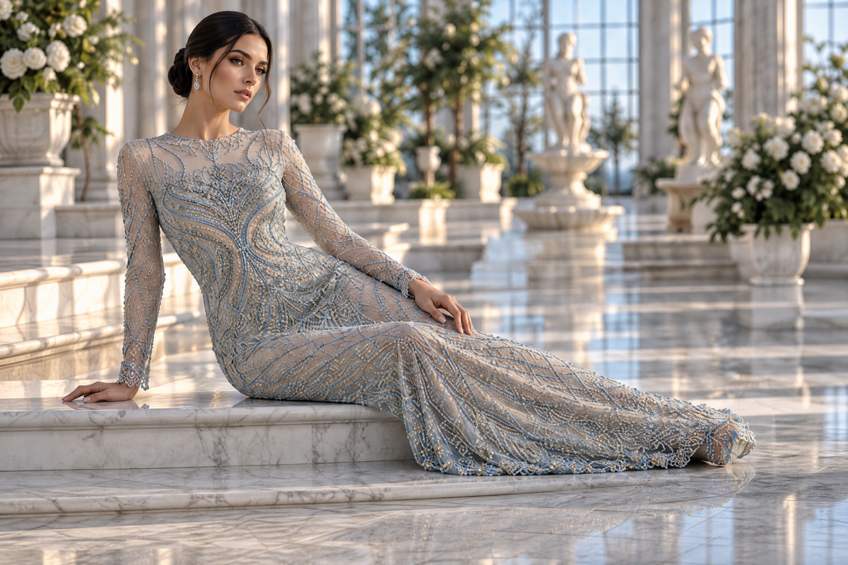 Seraphine Embroidered Gown, seated pose